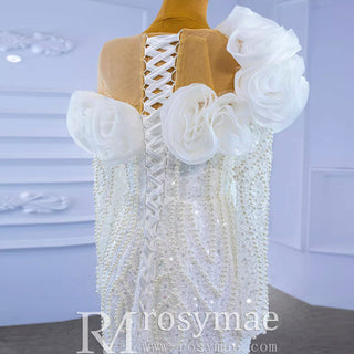 Pearl Beaded Mermaid Ruffle Wedding Dress with Long Sleeve - Rosymae