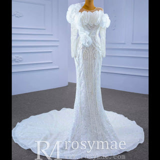 Pearl Beaded Mermaid Ruffle Wedding Dress with Long Sleeve - Rosymae