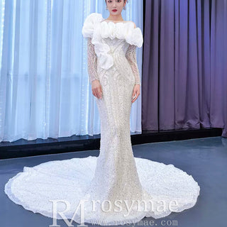 Pearl Beaded Mermaid Ruffle Wedding Dress with Long Sleeve - Rosymae