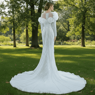 Pearl Beaded Mermaid Ruffle Wedding Dress with Long Sleeve - Rosymae