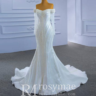 Pearl Beaded Mermaid Wedding Dress with Off the Shoulder Long Sleeves - Rosymae