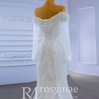 Pearl Beaded Mermaid Wedding Dress with Off the Shoulder Long Sleeves - Rosymae