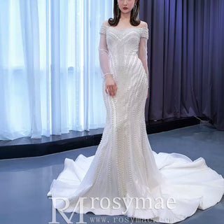 Pearl Beaded Mermaid Wedding Dress with Off the Shoulder Long Sleeves - Rosymae