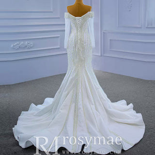 Pearl Beaded Mermaid Wedding Dress with Off the Shoulder Long Sleeves - Rosymae