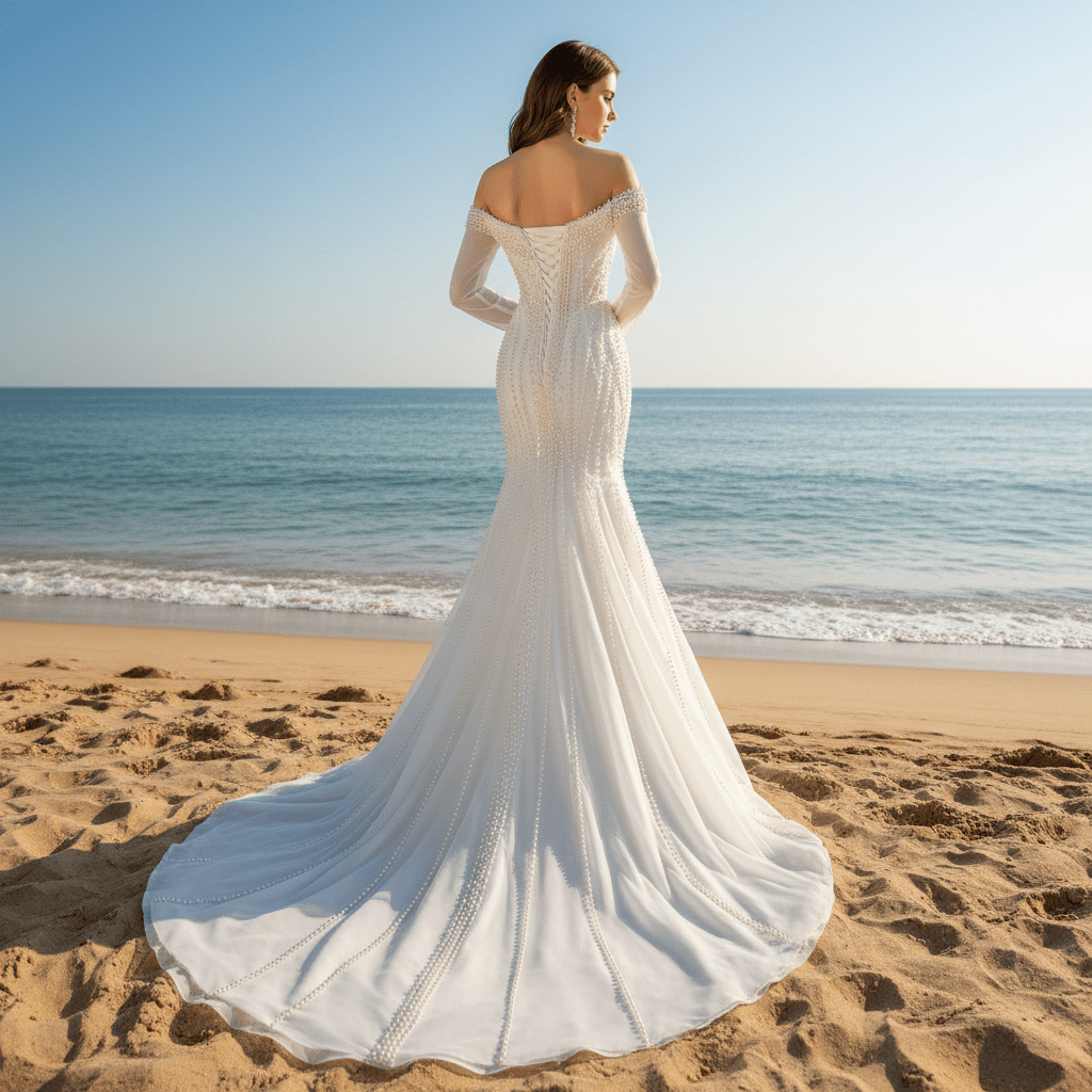 Pearl Beaded Mermaid Wedding Dress with Off the Shoulder Long Sleeves - Rosymae