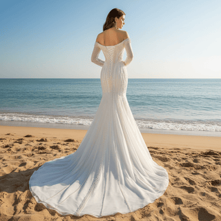 Pearl Beaded Mermaid Wedding Dress with Off the Shoulder Long Sleeves - Rosymae