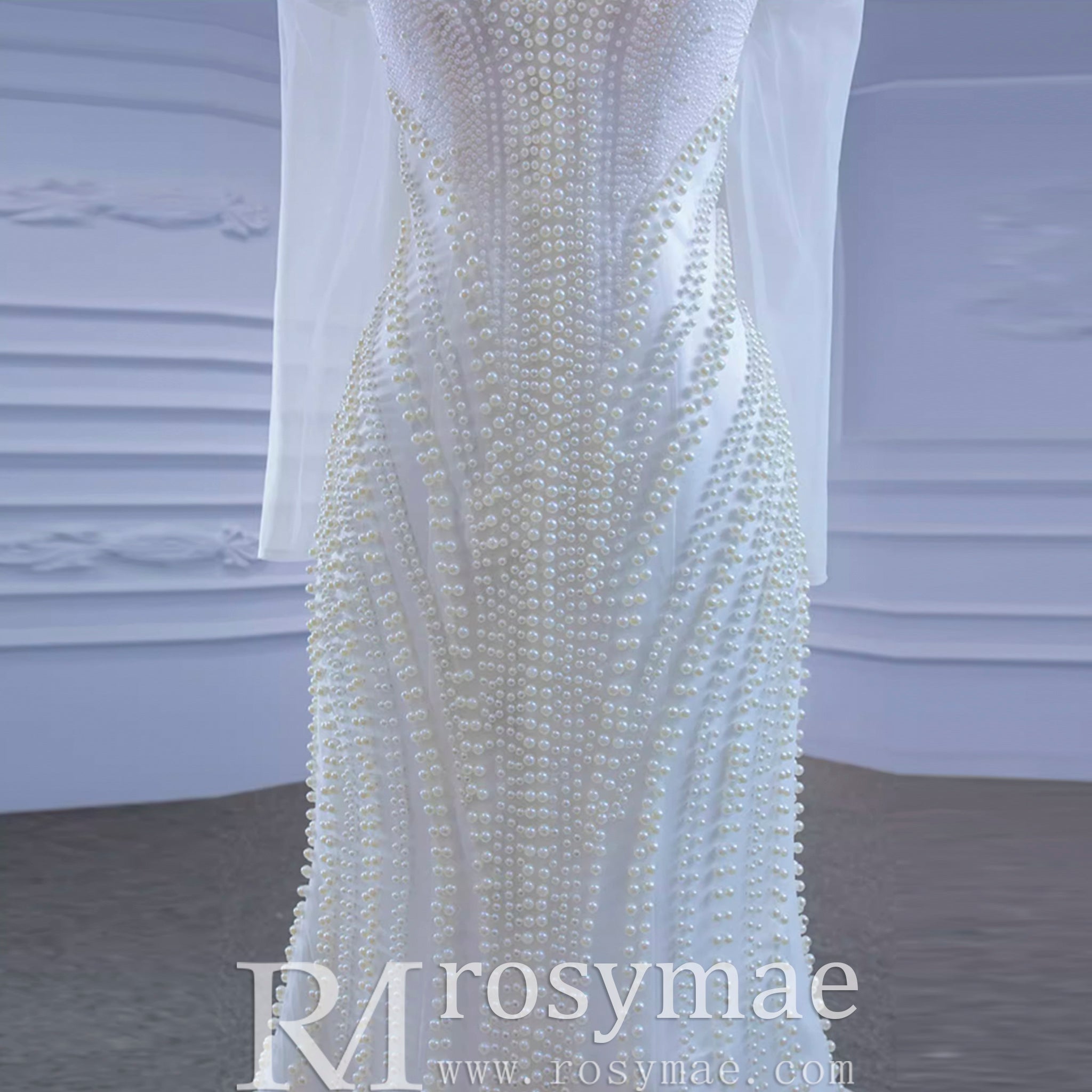 Pearl Beaded Mermaid Wedding Dress with Off the Shoulder Long Sleeves - Rosymae