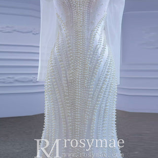 Pearl Beaded Mermaid Wedding Dress with Off the Shoulder Long Sleeves - Rosymae