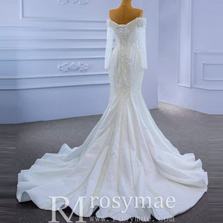 Pearl Beaded Mermaid Wedding Dress with Off the Shoulder Long Sleeves - Rosymae