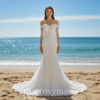 Pearl Beaded Mermaid Wedding Dress with Off the Shoulder Long Sleeves - Rosymae