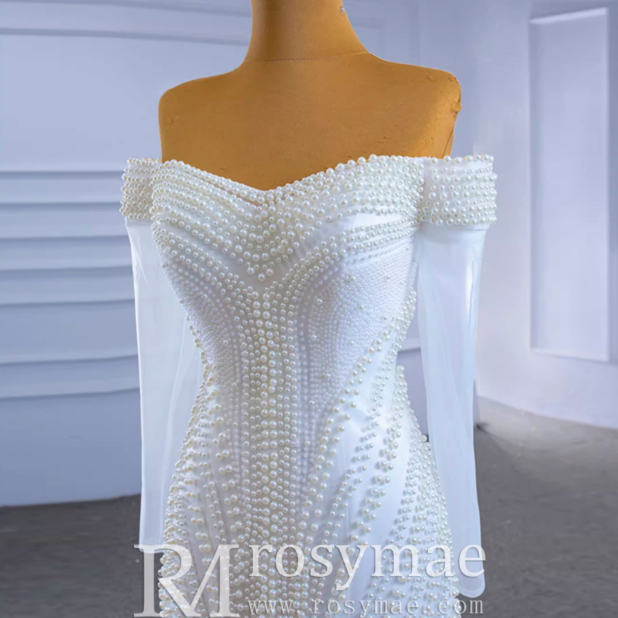 Pearl Beaded Mermaid Wedding Dress with Off the Shoulder Long Sleeves - Rosymae