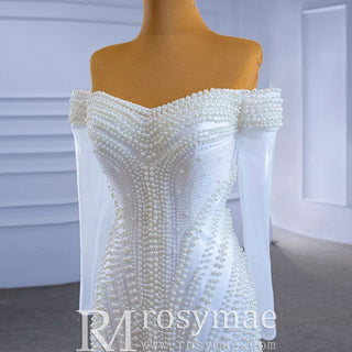 Pearl Beaded Mermaid Wedding Dress with Off the Shoulder Long Sleeves - Rosymae