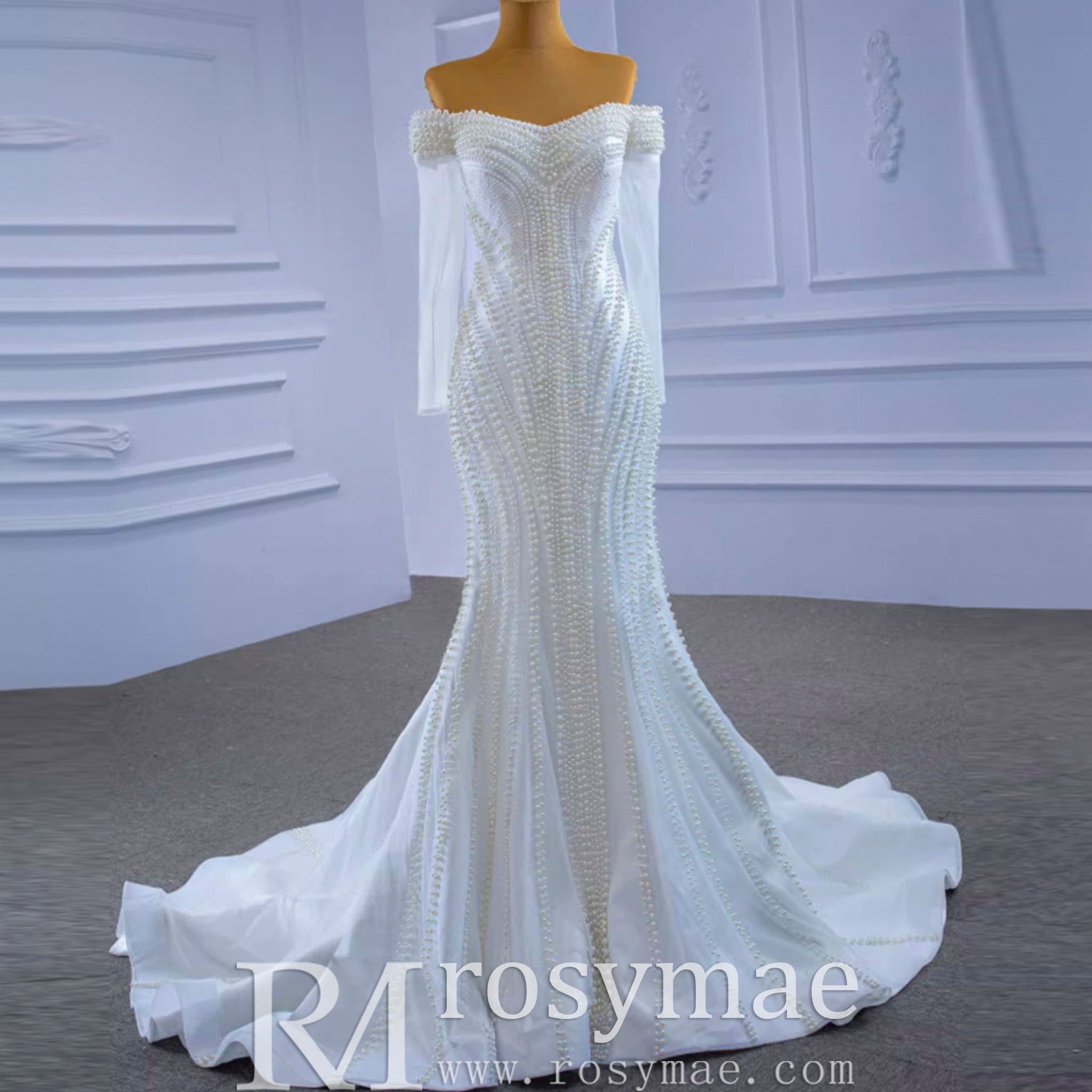 Pearl Beaded Mermaid Wedding Dress with Off the Shoulder Long Sleeves - Rosymae