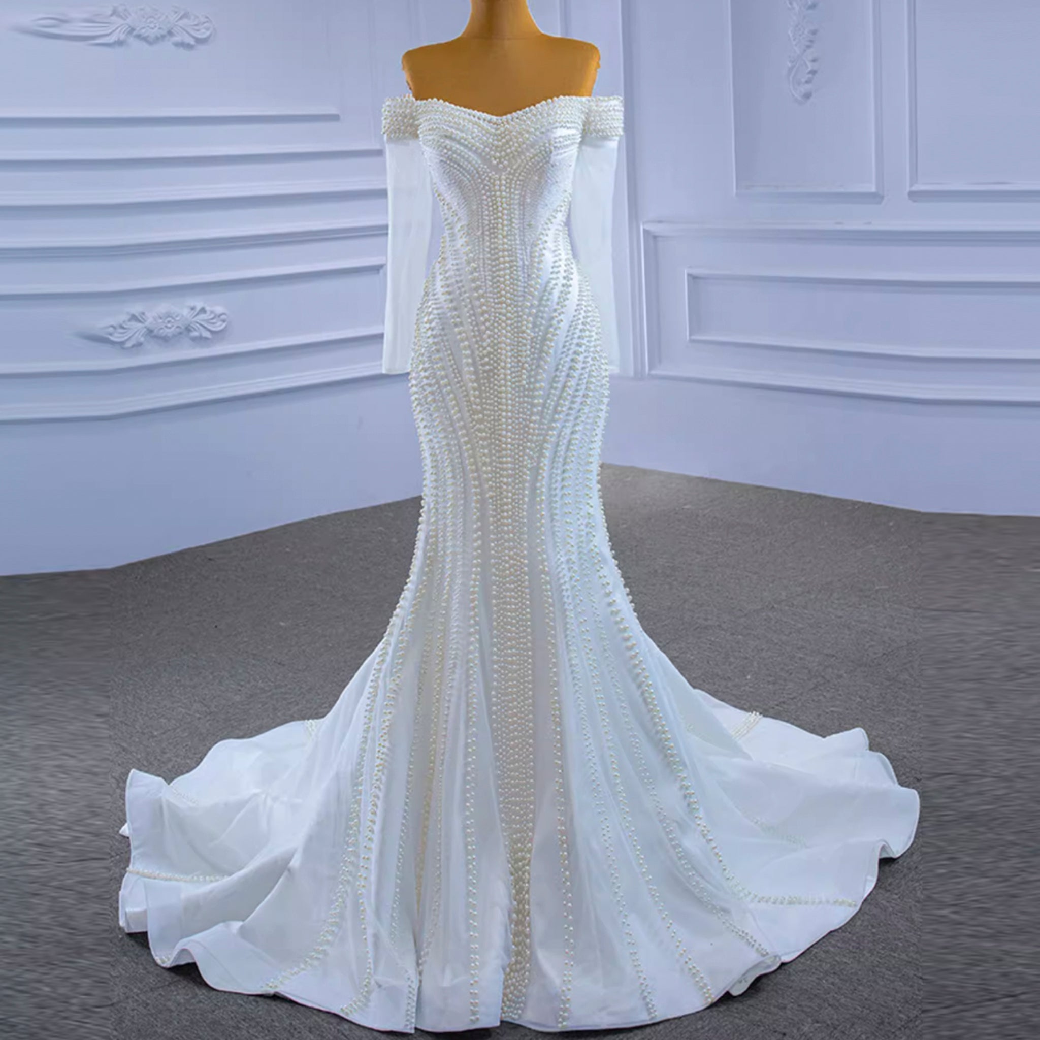 Pearl Beaded Mermaid Wedding Dress with Off the Shoulder Long Sleeves - Rosymae