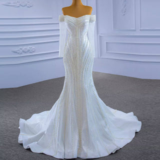 Pearl Beaded Mermaid Wedding Dress with Off the Shoulder Long Sleeves - Rosymae
