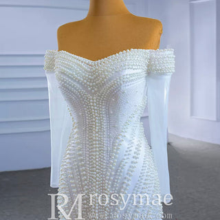 Pearl Beaded Mermaid Wedding Dress with Off the Shoulder Long Sleeves - Rosymae