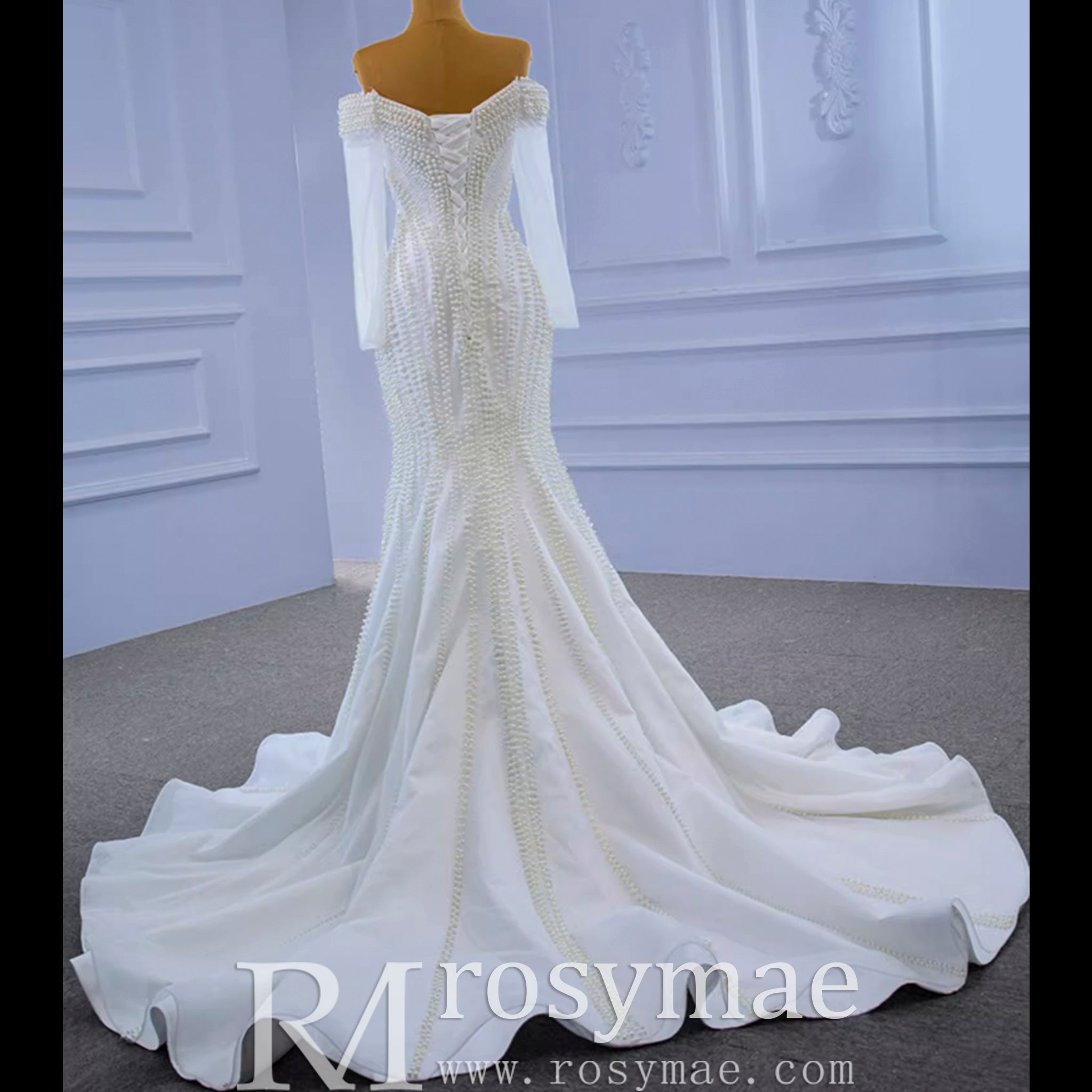 Pearl Beaded Mermaid Wedding Dress with Off the Shoulder Long Sleeves - Rosymae