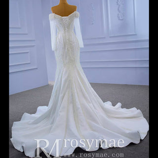 Pearl Beaded Mermaid Wedding Dress with Off the Shoulder Long Sleeves - Rosymae