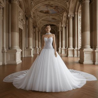 Pearl-Embellished Ball Gown Wedding Dress with Detachable High-Neck Pearl Cape