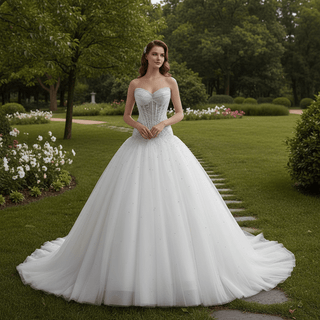 Pearl-Embellished Ball Gown Wedding Dress with Detachable High-Neck Pearl Cape