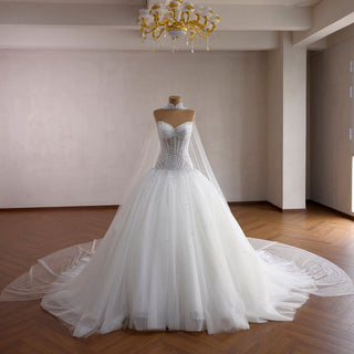 Pearl-Embellished Ball Gown Wedding Dress with Detachable High-Neck Pearl Cape