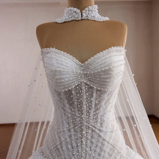 Pearl-Embellished Ball Gown Wedding Dress with Detachable High-Neck Pearl Cape