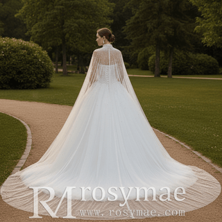 Pearl-Embellished Ball Gown Wedding Dress with Detachable High-Neck Pearl Cape
