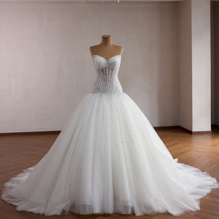 Pearl-Embellished Ball Gown Wedding Dress with Detachable High-Neck Pearl Cape