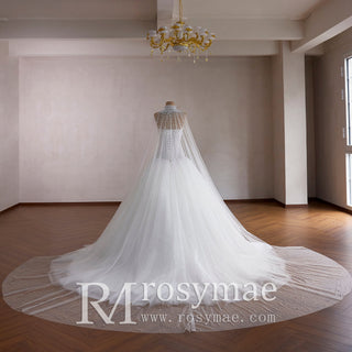 Pearl-Embellished Ball Gown Wedding Dress with Detachable High-Neck Pearl Cape