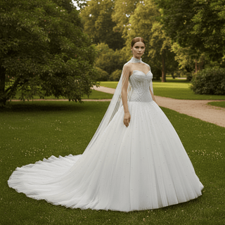 Pearl-Embellished Ball Gown Wedding Dress with Detachable High-Neck Pearl Cape