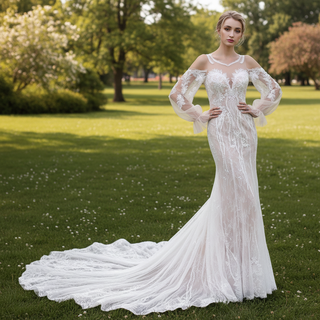 Boho Sleeves Mermaid Wedding Dresses With Long Train