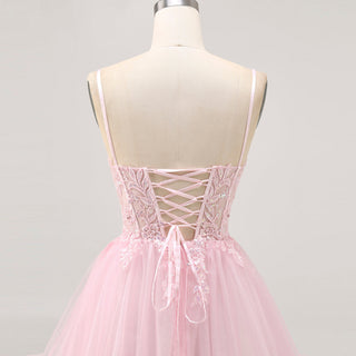 Vneck Pink Above Knee Beach Cocktail Dress with Spaghetti Straps