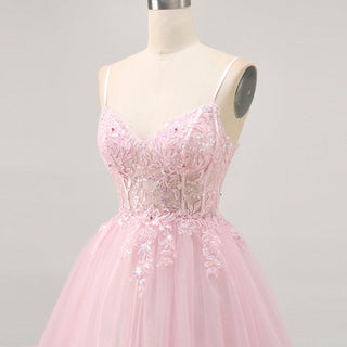 Vneck Pink Above Knee Beach Cocktail Dress with Spaghetti Straps