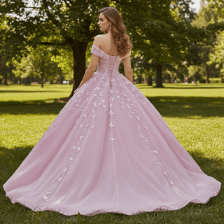 Pink Ball Gown Lace Appliqued Vneck Quinceanera Dresses - Rosymae