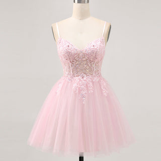 Vneck Pink Above Knee Beach Cocktail Dress with Spaghetti Straps