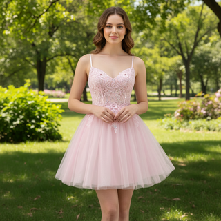 Vneck Pink Above Knee Beach Cocktail Dress with Spaghetti Straps