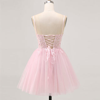 Vneck Pink Above Knee Beach Cocktail Dress with Spaghetti Straps