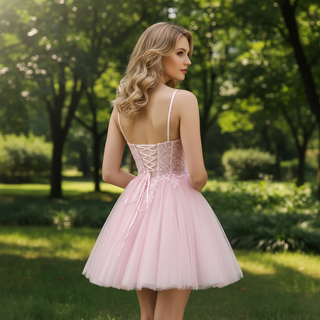 Vneck Pink Above Knee Beach Cocktail Dress with Spaghetti Straps