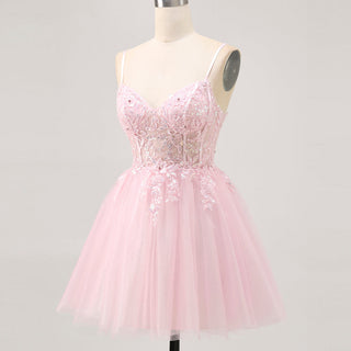 Vneck Pink Above Knee Beach Cocktail Dress with Spaghetti Straps