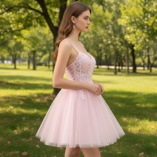 Vneck Pink Above Knee Beach Cocktail Dress with Spaghetti Straps