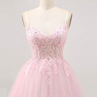 Vneck Pink Above Knee Beach Cocktail Dress with Spaghetti Straps