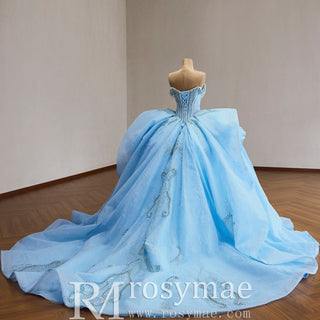 Pink Crystal Beaded Quinceanera Dress with Ruffled Peplum Oversized Back Bow