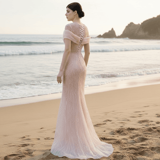 Pink Detachable Train Beading Mermaid Evening Gown See Through Party Dress - Rosymae
