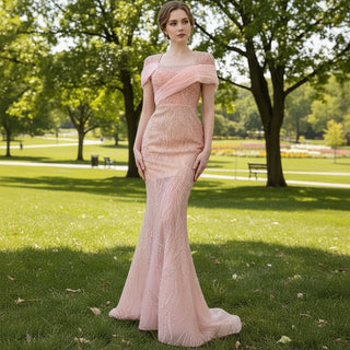 Pink Detachable Train Beading Mermaid Evening Gown See Through Party Dress - Rosymae