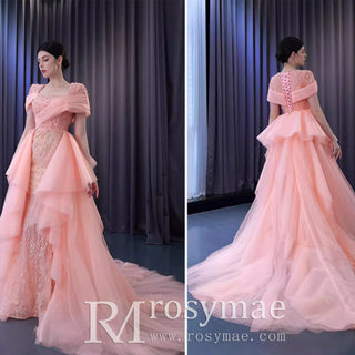 Pink Detachable Train Beading Mermaid Evening Gown See Through Party Dress - Rosymae