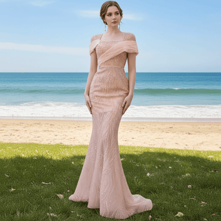 Pink Detachable Train Beading Mermaid Evening Gown See Through Party Dress - Rosymae
