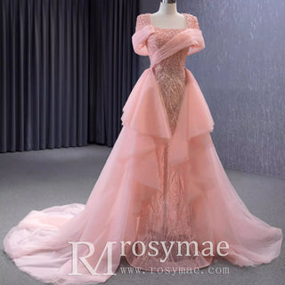 Pink Detachable Train Beading Mermaid Evening Gown See Through Party Dress - Rosymae