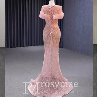 Pink Detachable Train Beading Mermaid Evening Gown See Through Party Dress - Rosymae
