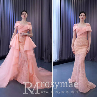 Pink Detachable Train Beading Mermaid Evening Gown See Through Party Dress - Rosymae