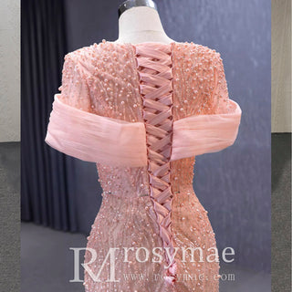 Pink Detachable Train Beading Mermaid Evening Gown See Through Party Dress - Rosymae